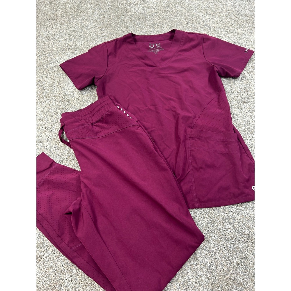 Barco One Women Scrub Set XS Burgundy Wine V-Neck Top Jogger Pants Stretch #0566